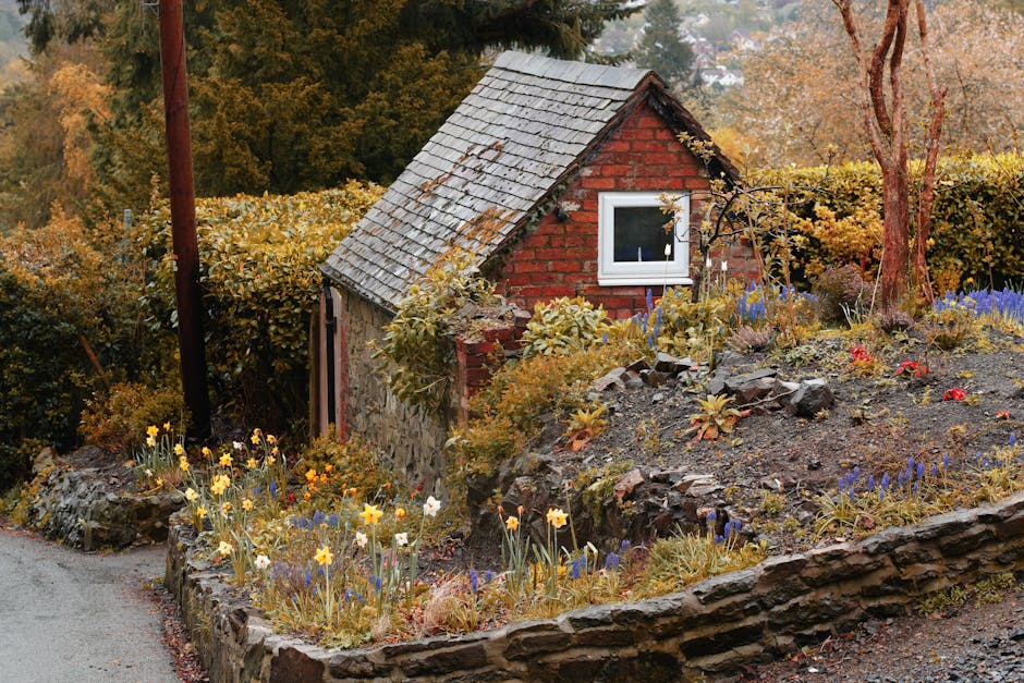 A detached brick house with a steeply pitched roof covered in reddish-brown tiles, situated along a narrow asphalt driveway. The exterior walls are mostly covered in dark red climbing ivy, integrated